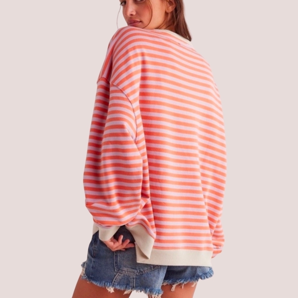 New! FP We The Free Classic Striped Oversized Crewneck in Orchid Combo - Picture 2 of 12